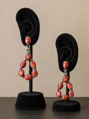 Vintage Sterling Red Spiny Oyster Dangle Earrings, Southwestern Teardrop Earring